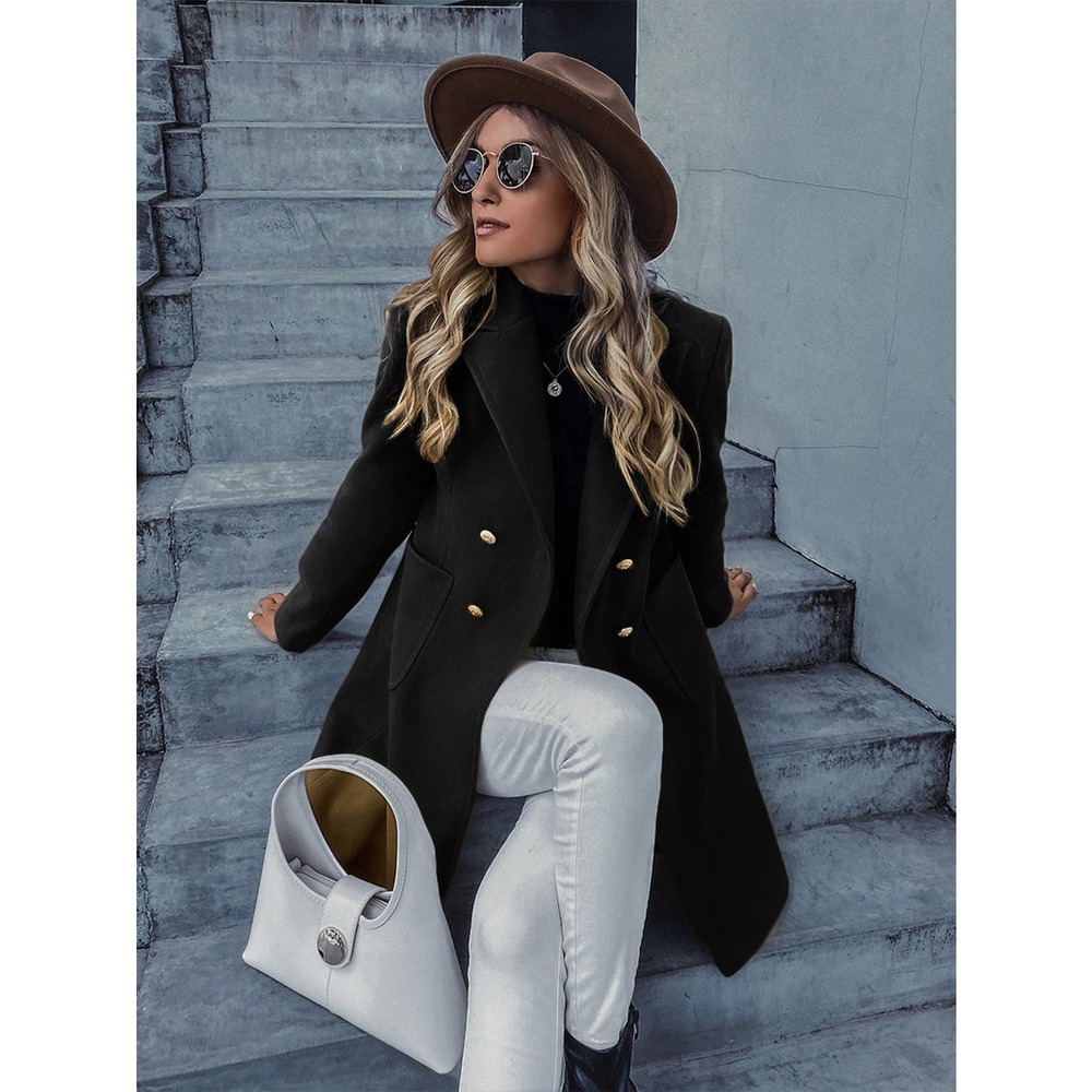 Lapel Collar Double Breasted gold button Overcoat pea coat black